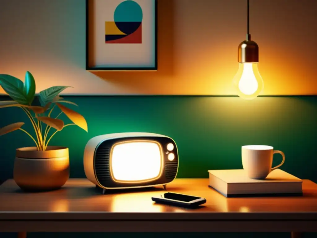 Un acogedor hogar vintage con un asistente virtual retro, integrado sutilmente en el ambiente, irradiando seguridad y comodidad