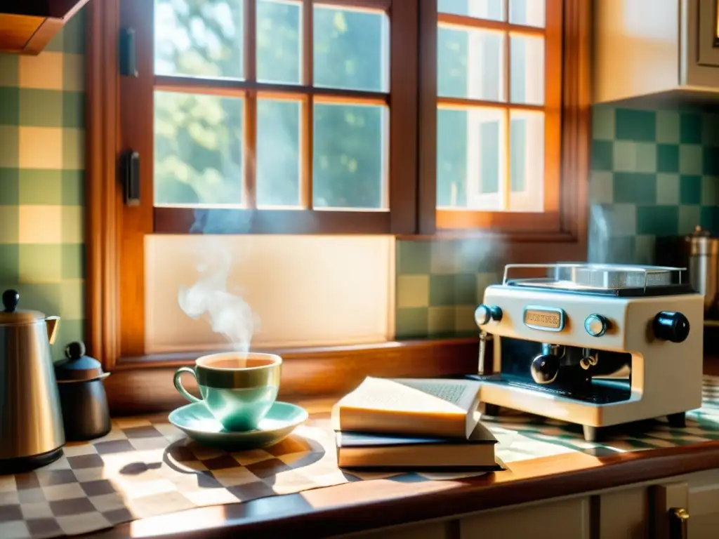 Una acogedora cocina vintage con una taza de té humeante y libros de recetas antiguos