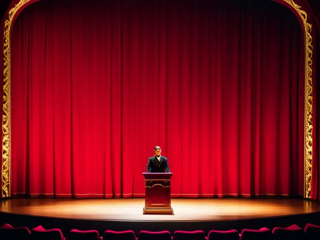 Un actor solitario en el escenario de un teatro, entregando un monólogo emotivo bajo el foco de luz