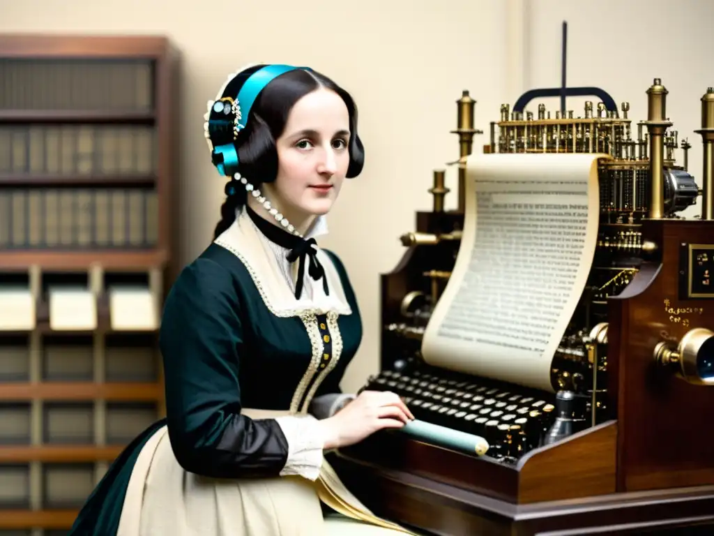 Ada Lovelace trabajando en su máquina analítica, rodeada de equipo vintage y notas de código, con un filtro sepia que evoca su importancia histórica