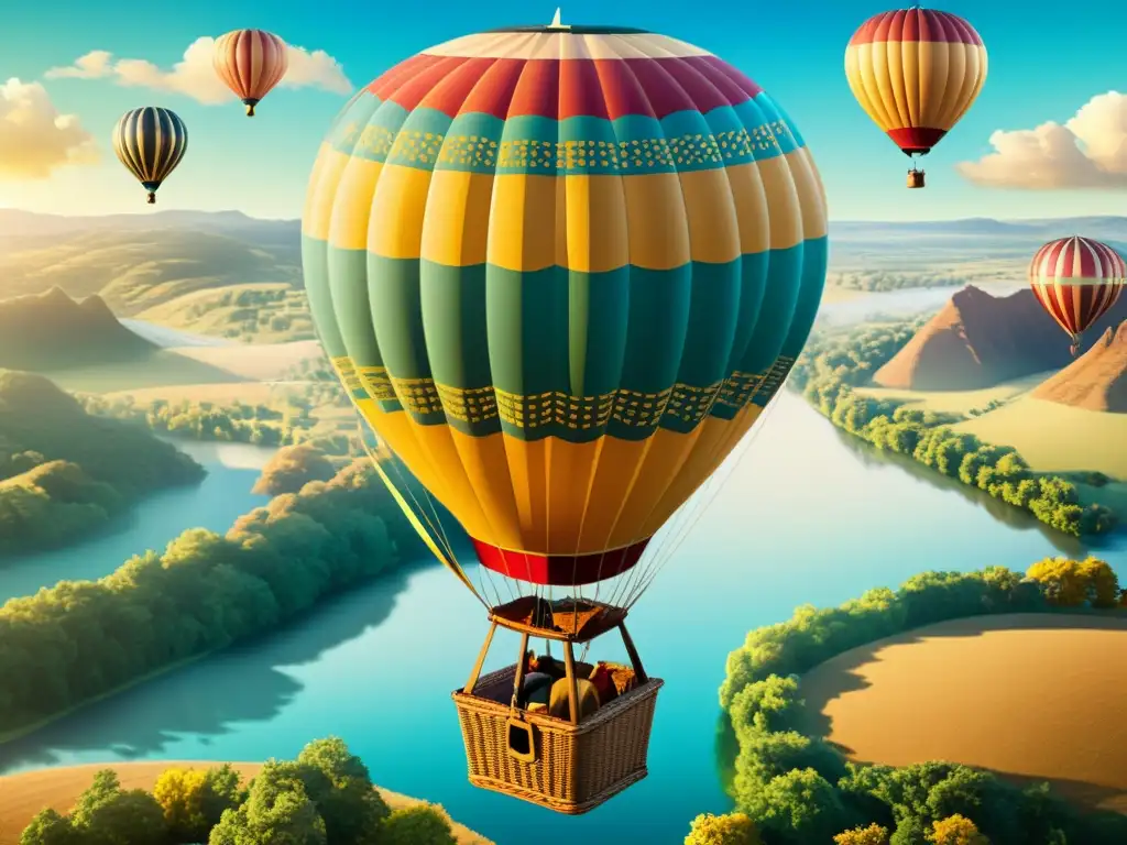 Innovación aérea desde globos drones: Ilustración vintage de un globo aerostático flotando graciosamente en el cielo, evocando espíritu pionero y aventurero