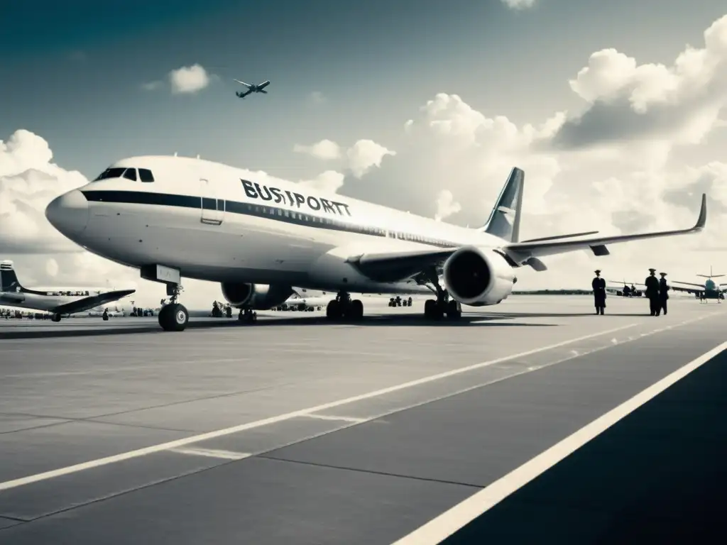 Un aeropuerto vintage con aviones y personal de tierra, evocando la nostalgia de la aviación