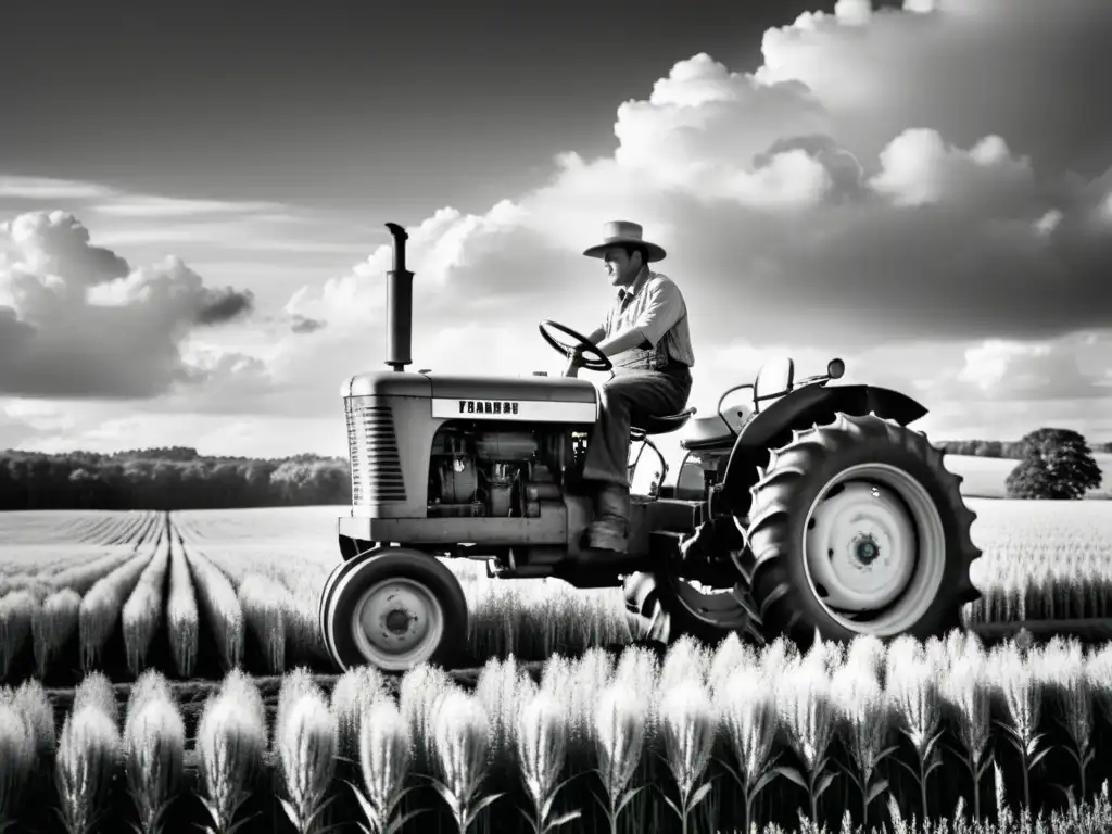 El agricultor conduce un tractor clásico en un campo de trigo dorado, mostrando el impacto del tractor en agricultura