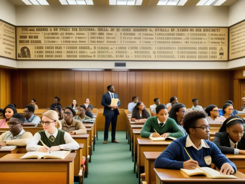 Una ajetreada aula de conferencias vintage llena de estudiantes diversos participando en Análisis cursos online masivos gratuitos