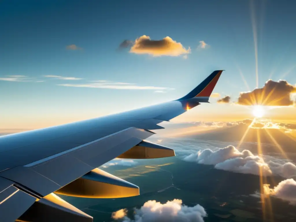 Ala de avión de materiales compuestos en contrucción aeronáutica, con brillo solar y nubes al fondo, exudando elegancia e innovación