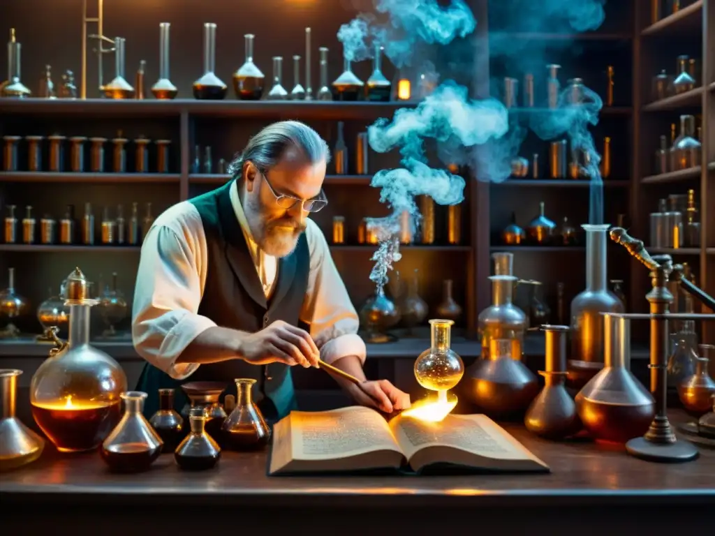 Alquimista ancestral: fuego y misterio en laboratorio Ilustración vintage de un alquimista en su laboratorio, rodeado de instrumentos científicos, libros antiguos y fuego
