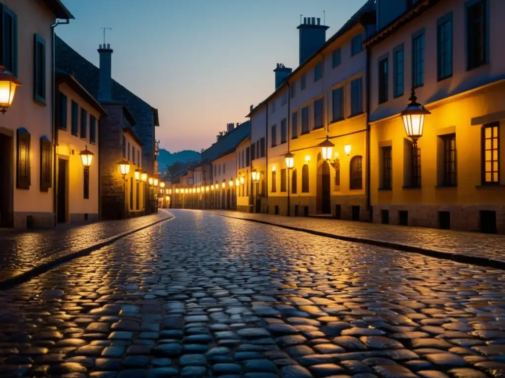 Un amanecer nostálgico en una calle iluminada por LED, evocando la transición de la linterna tradicional a la eficiente iluminación LED