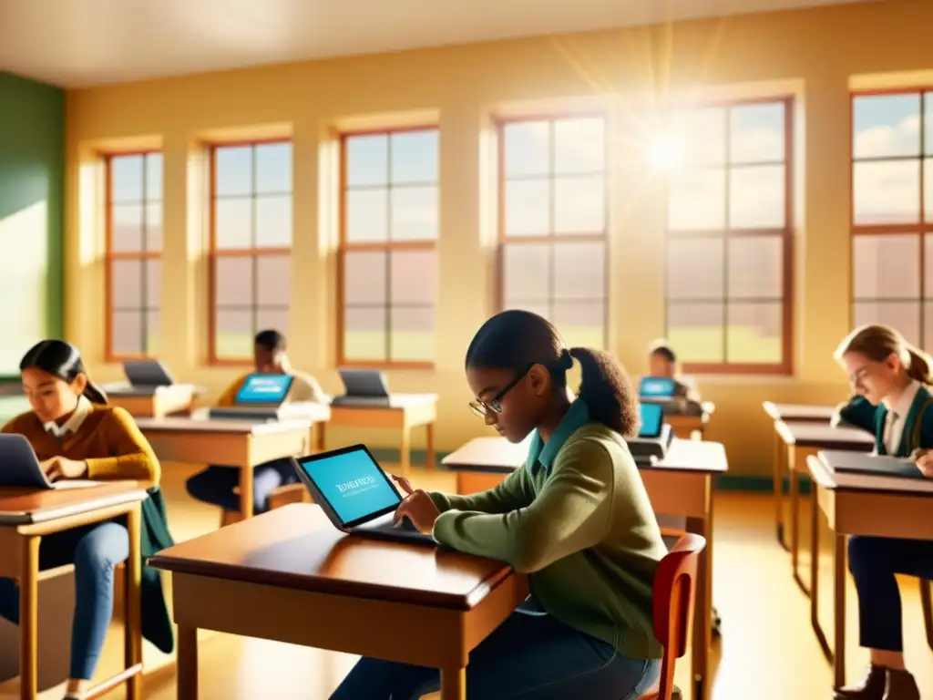 Ambiente académico vintage con estudiantes usando tecnología personalizada para el aprendizaje individualizado con Big Data