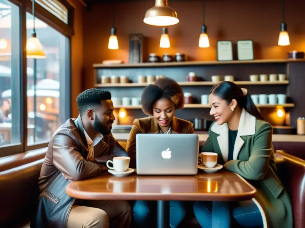 Un ambiente acogedor de café vintage donde personas aprenden idiomas en línea