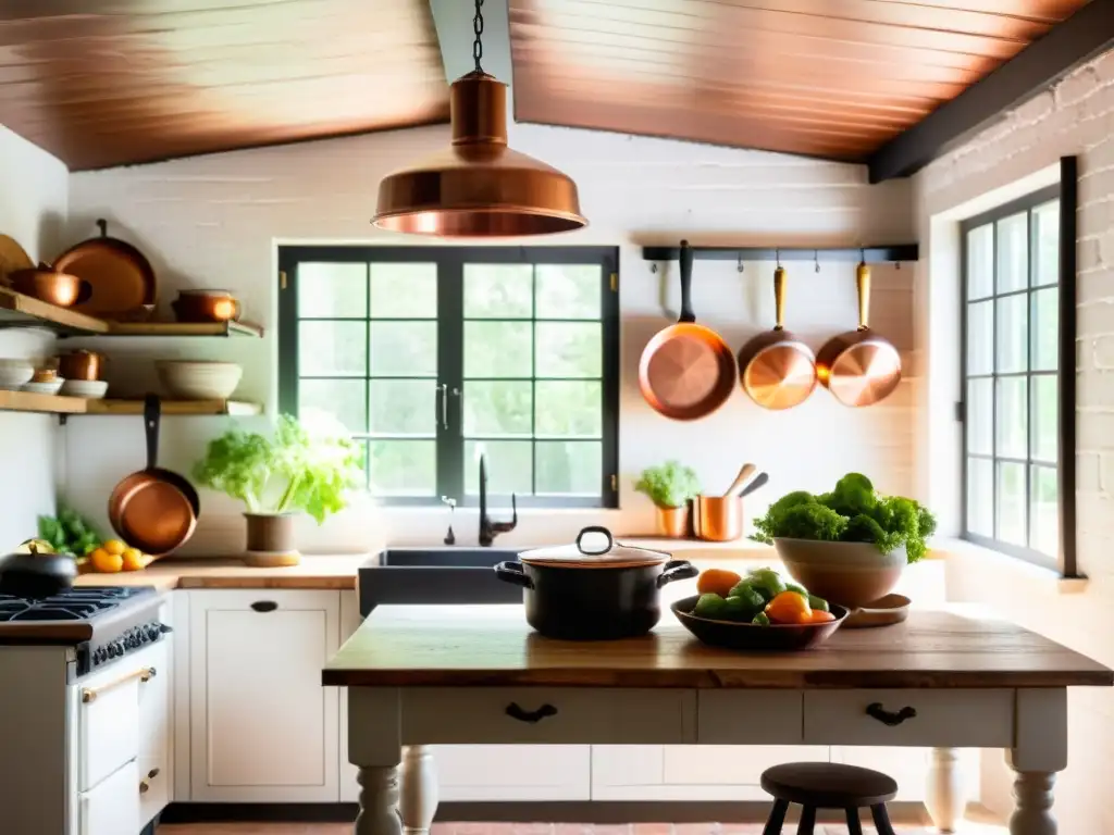 Un ambiente de cocina vintage con utensilios de cobre colgando del techo de madera reciclada