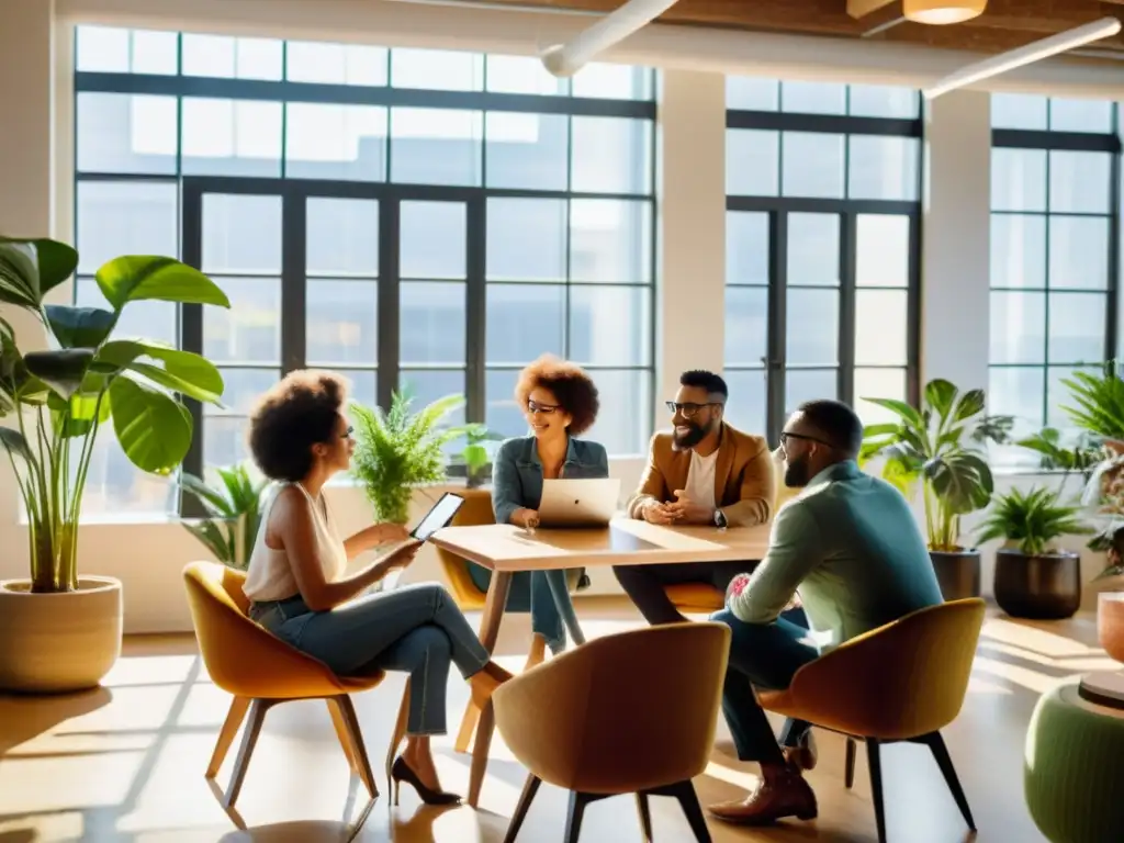 Un ambiente de coworking vintage con un grupo diverso en una animada discusión, rodeado de plantas y muebles de mediados de siglo