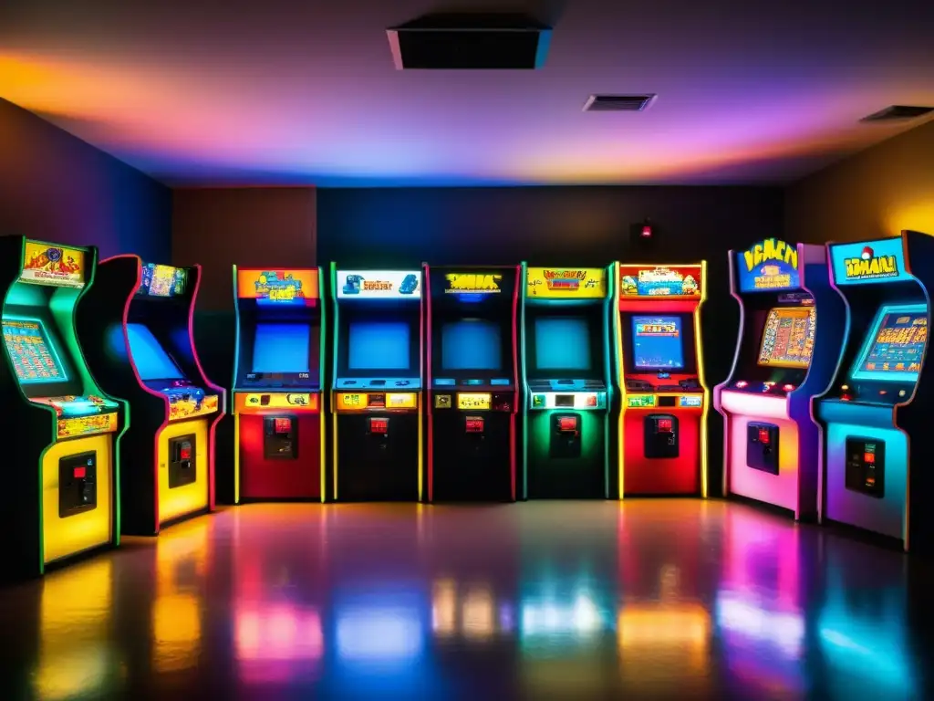 Un ambiente nostálgico de arcade vintage con juegos clásicos como PacMan, Space Invaders y Donkey Kong