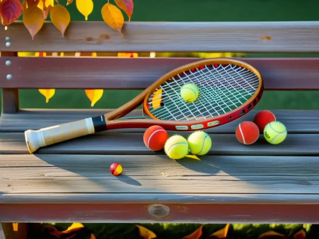 Un ambiente nostálgico y atemporal con raqueta de tenis vintage y pelotas entre hojas otoñales