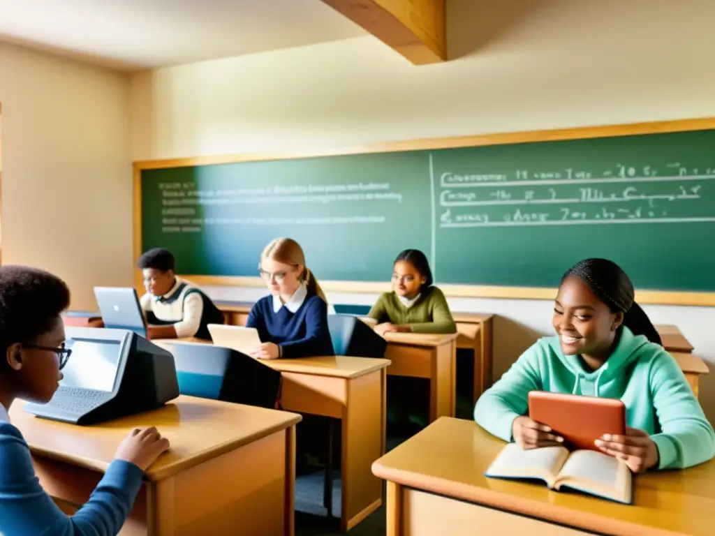 Ambiente nostálgico de aula con estudiantes realizando actividades de aprendizaje adaptativo, usando tecnología educativa variada