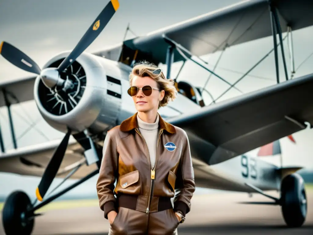 Amelia Earhart, pionera en la aviación, posa segura frente a su avión 'The Canary', transmitiendo aventura y determinación en un bullicioso aeródromo