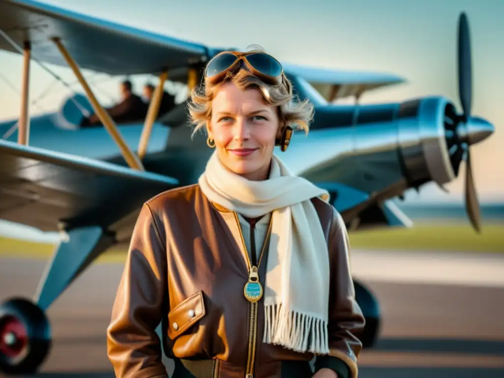 Amelia Earhart, pionera en la aviación, posa frente a su avión en un campo aéreo antiguo, evocando determinación y aventura