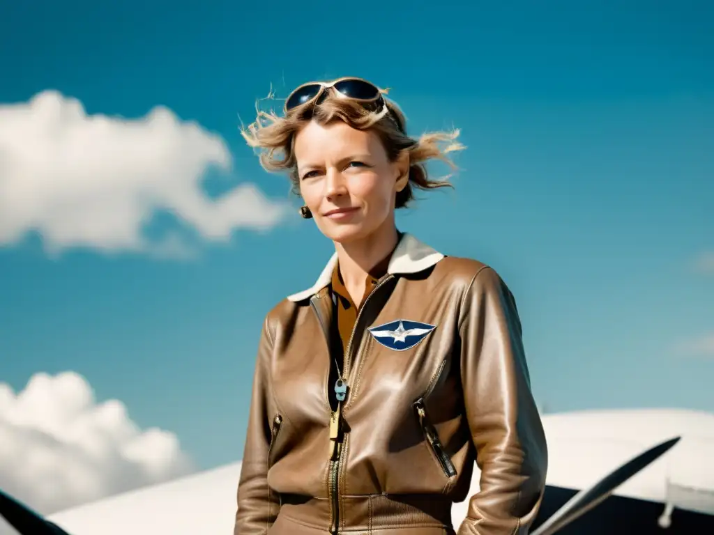 Amelia Earhart, pionera en la aviación, posa junto a su avión 'The Canary', mostrando determinación y espíritu aventurero en el cielo azul