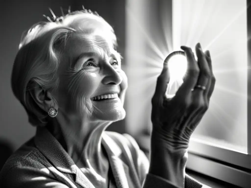 Una anciana sonriente ajusta su implante coclear, con el rostro iluminado por la luz del sol