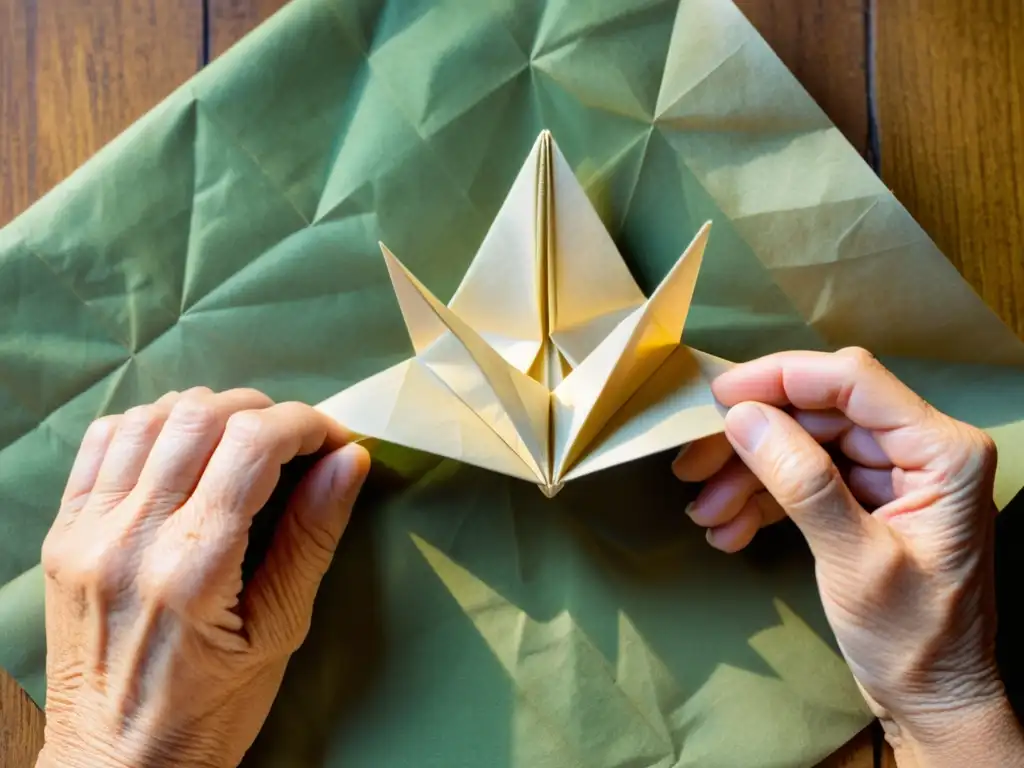 Un anciano artesano de origen asiático crea con destreza una grulla de origami en un pergamino envejecido