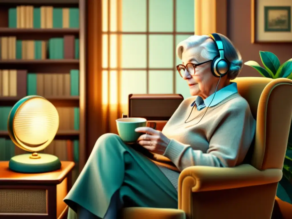 Un anciano disfruta de su asistente virtual en un ambiente acogedor con libros y una radio retro