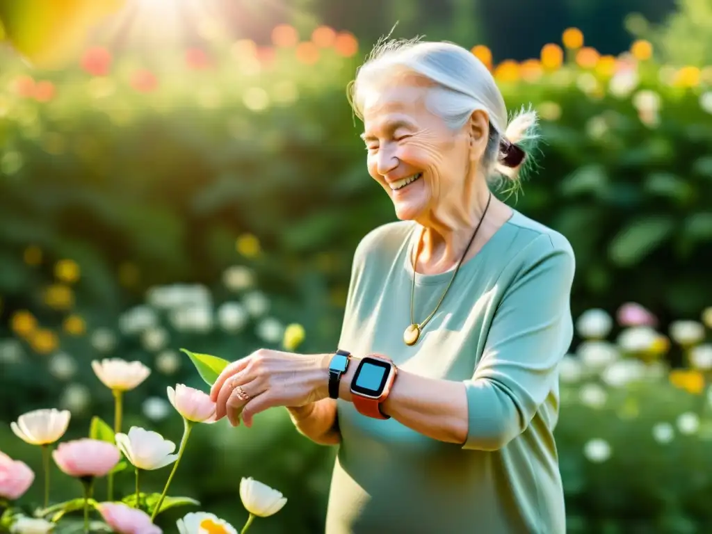 Un anciano sonriente interactúa con un smartwatch en un jardín soleado, rodeado de flores