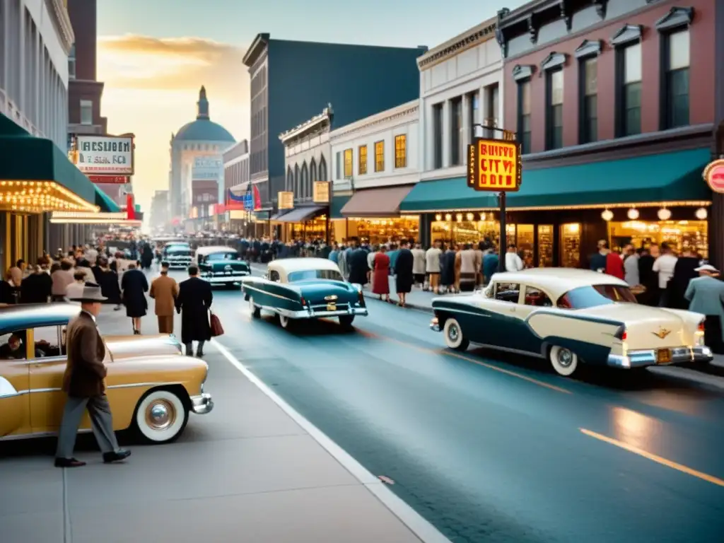 Animada calle de ciudad de los años 50 con coches vintage, farolas clásicas y tiendas antiguas