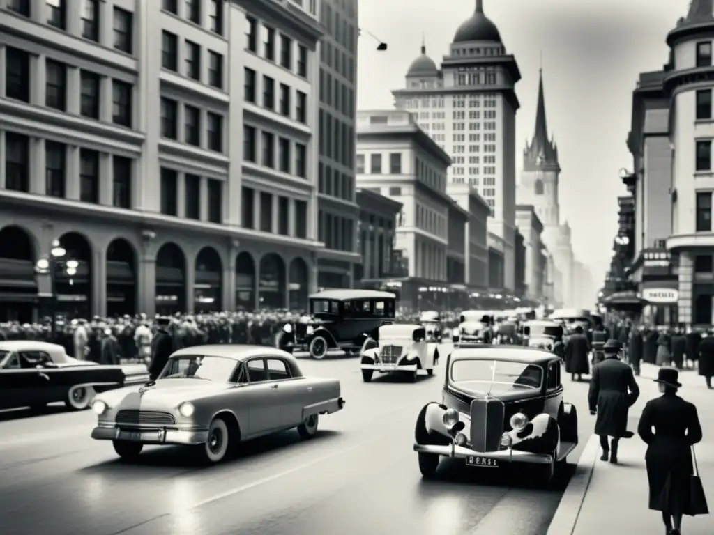 Una animada calle de ciudad antigua en blanco y negro, mostrando la fusión de elementos históricos y modernos