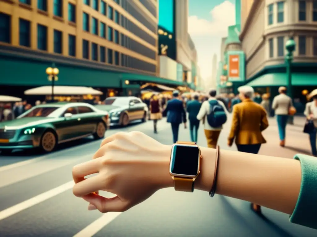 Una animada calle de la ciudad con gente de diferentes edades y orígenes, todos usando smartwatches