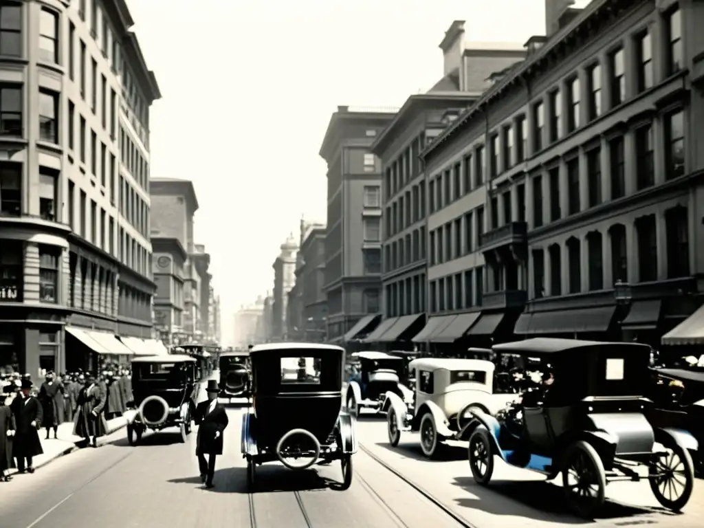 Una animada calle de la ciudad a principios del siglo XX, con coches eléctricos y de caballos