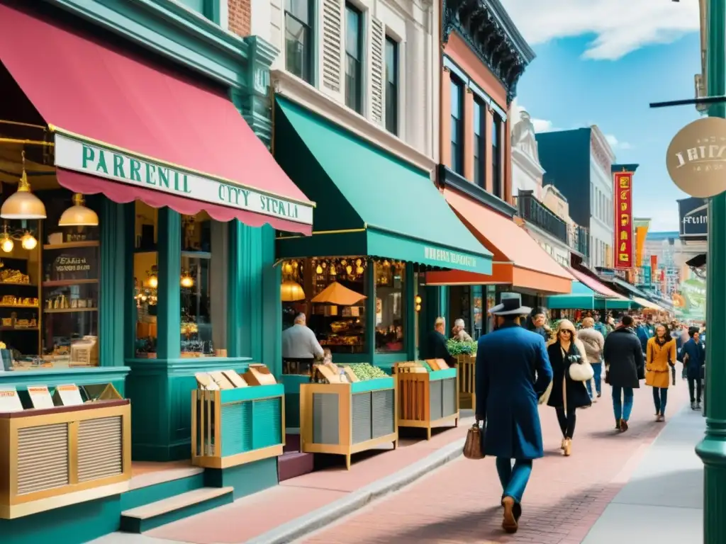 Una animada calle de la ciudad con tiendas boutique y un ambiente emprendedor, atrayendo inversores en startups de comercio minorista