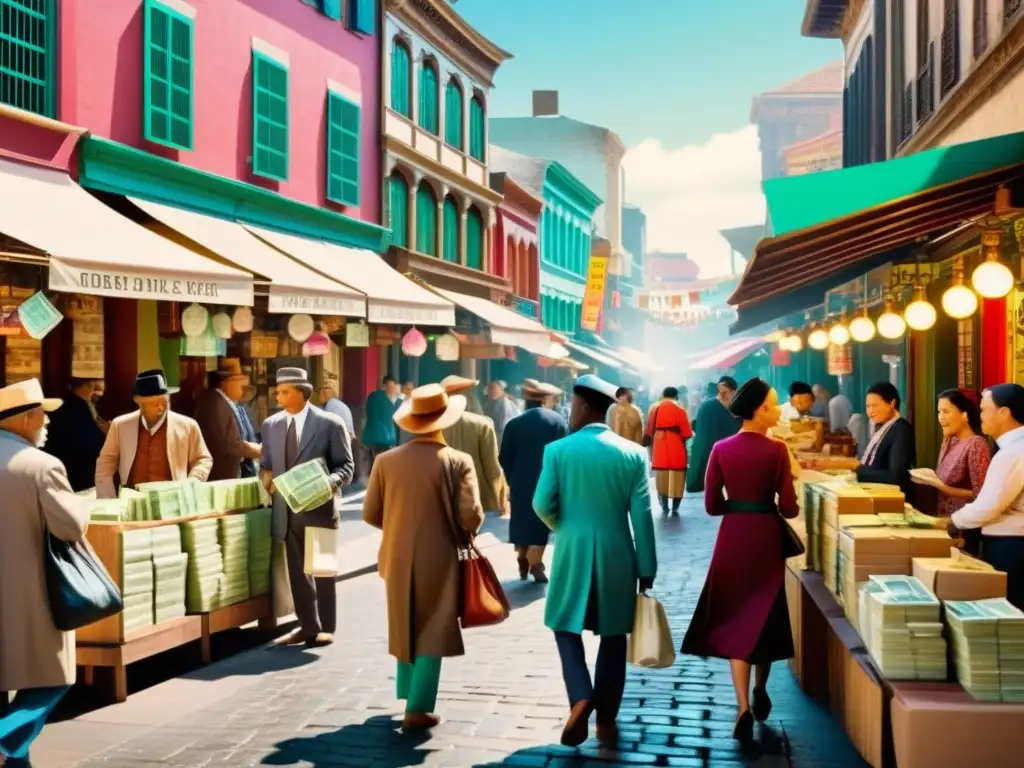 Animada escena de mercado histórico, con vibrantes colores y evolución del papel moneda en economía