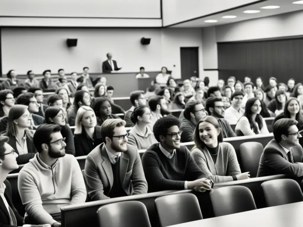 Una animada sala de conferencias con estudiantes participando activamente en la clase del profesor