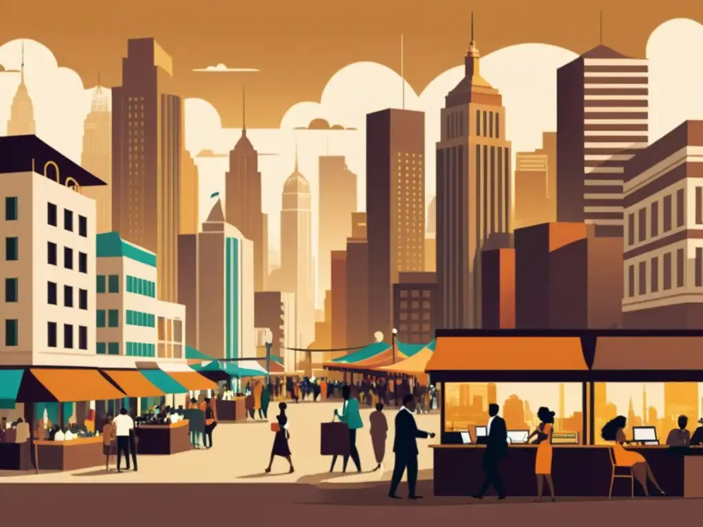 Mercado tecnológico vibrante en una ciudad emergente Animado mercado emergente con emprendedores tecnológicos intercambiando ideas y productos innovadores en una ciudad vibrante