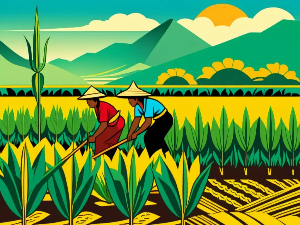 Antigua ilustración de agricultores mesoamericanos en un campo exuberante, cuidando plantas de maíz