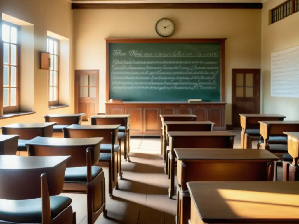 Antigua aula con escritorios de madera y sillas, iluminada por cálida luz