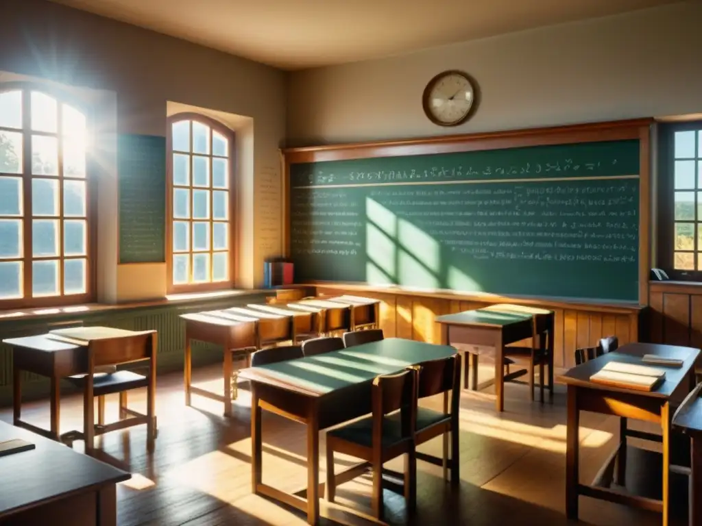 Antigua aula con mobiliario de madera, pizarrón lleno de ecuaciones y libros vintage