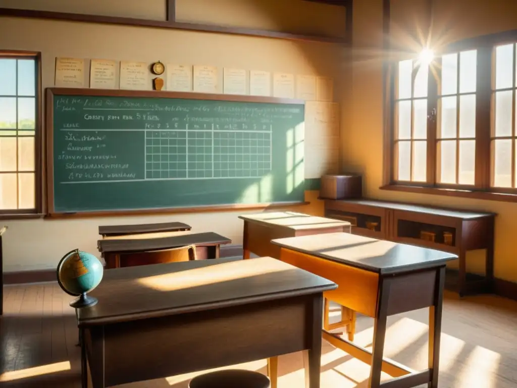 Antigua aula con muebles de madera, pizarra llena de ecuaciones, globo terráqueo y luz del sol