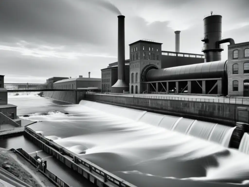 Antigua fotografía en blanco y negro de un bullicioso puerto industrial con turbinas de agua, evocando la historia de la energía hidrocinética