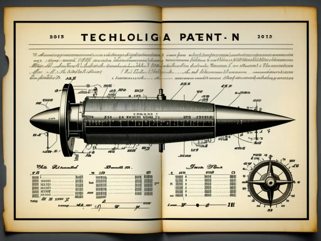 Antigua ilustración en blanco y negro de un documento de patente tecnológica, con detalles intrincados y una atmósfera histórica