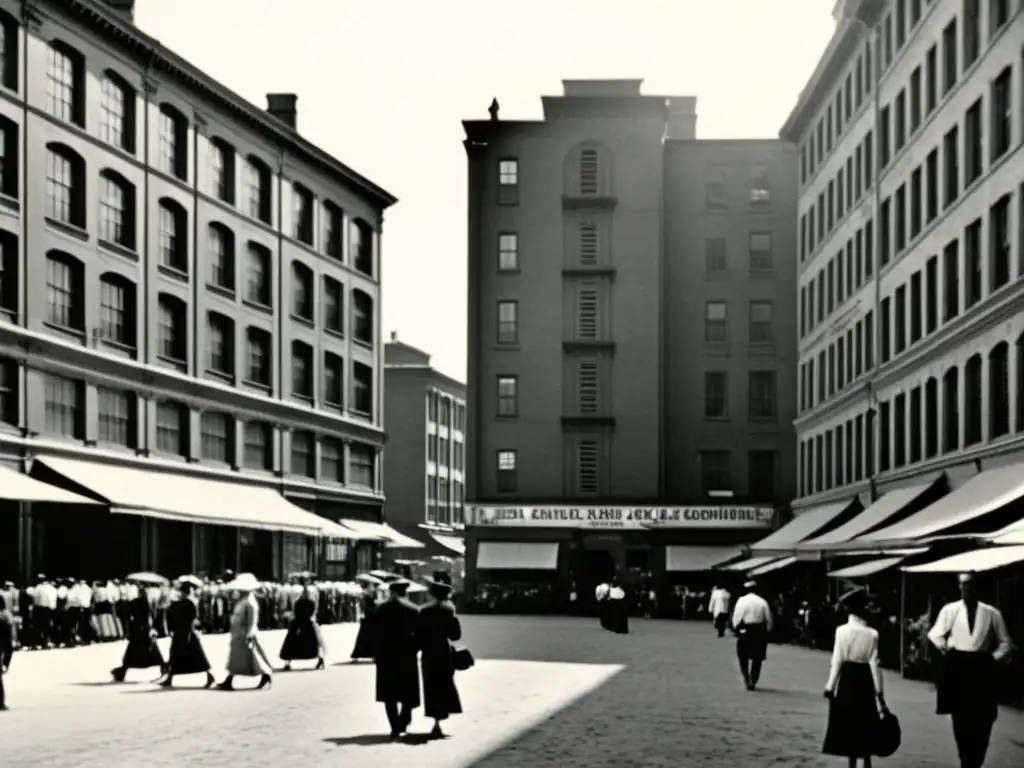 Una fotografía antigua en blanco y negro de la evolución de la refrigeración moderna en un bullicioso paisaje urbano del siglo XX