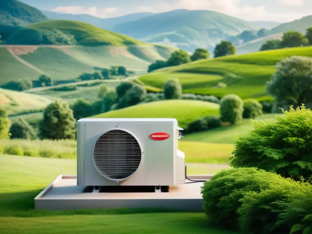 Una antigua bomba de calor geotérmica destaca en un paisaje campestre, irradiando fiabilidad y sostenibilidad