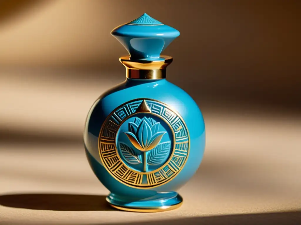 Antigua botella egipcia de perfume en faience azul con jeroglíficos y motivos de loto, bañada por la cálida luz del atardecer