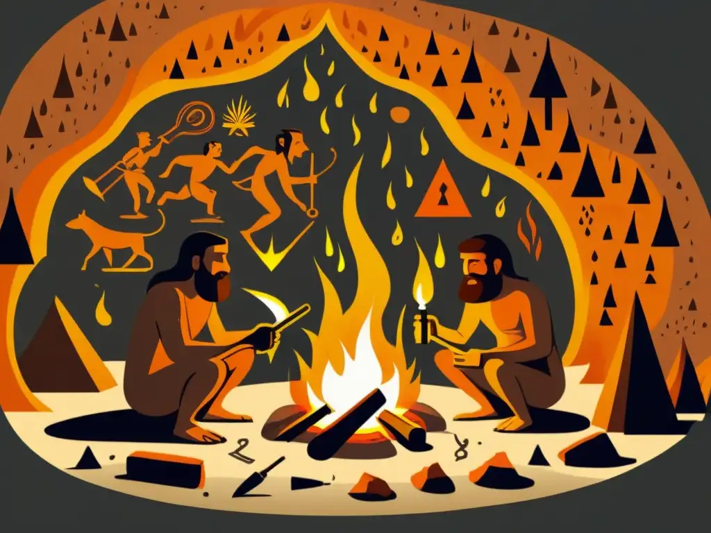 Descubrimiento ancestral: científicos primitivos dominando el fuego Antigua ilustración de científicos o cavernícolas descubriendo el impacto del fuego en la ciencia