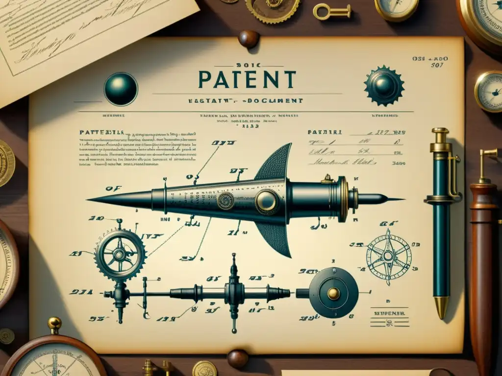 Antigua ilustración detallada de un documento de patente rodeado de instrumentos científicos vintage, evocando la historia y el espíritu pionero de la invención tecnológica