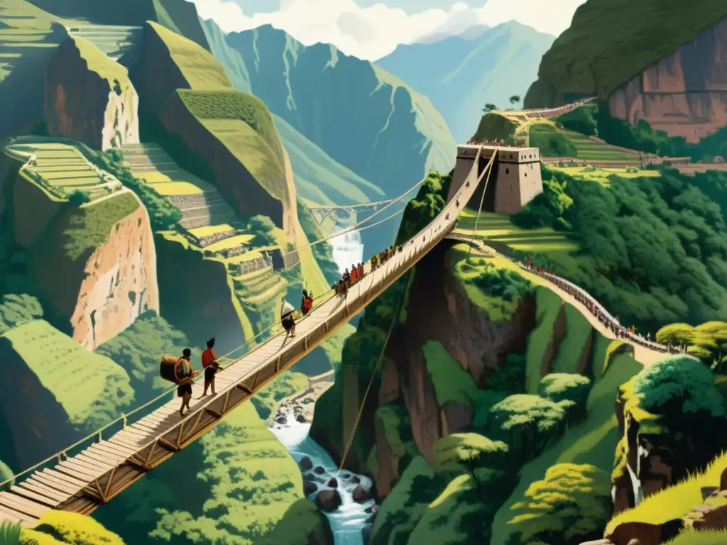 Una antigua ilustración detallada de un puente colgante inca sobre un profundo cañón, rodeado de exuberantes paisajes montañosos