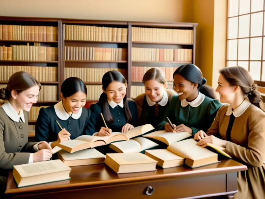 Antigua escuela de idiomas del siglo XIX con estudiantes hablando varios idiomas, rodeados de libros antiguos y herramientas de aprendizaje