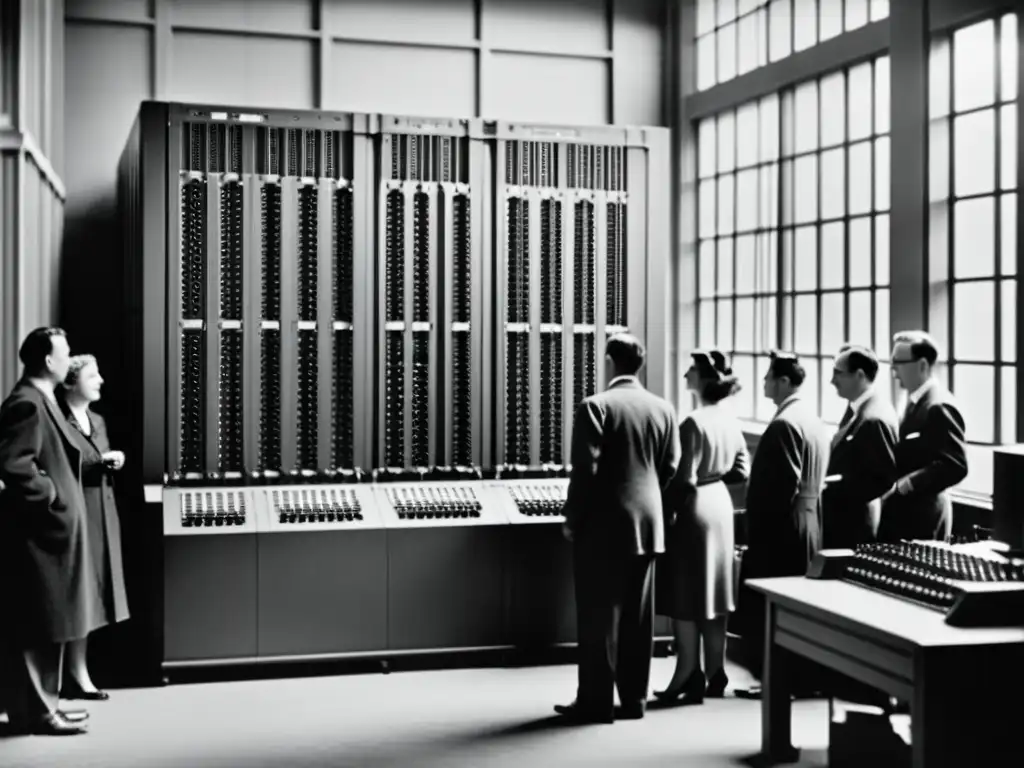 Antigua foto en blanco y negro del ENIAC, nacimiento de la Computadora Inteligencia Artificial, con personal técnico admirando su inmensa complejidad