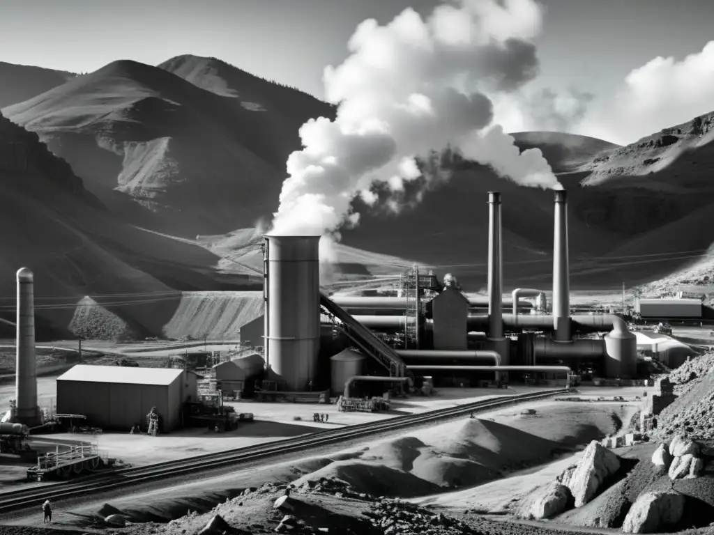 Antigua foto en blanco y negro de una planta geotérmica en un paisaje montañoso, mostrando la historia de la utilización de la energía geotérmica