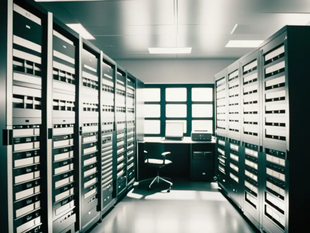 Antigua foto en blanco y negro de sala llena de antiguos mainframes y técnicos, evolución almacenamiento datos nube