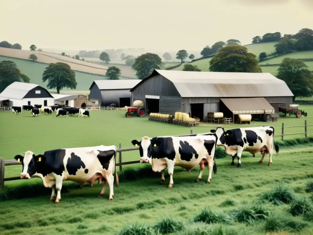 Antigua granja láctea con tecnología histórica y paisaje rural, evocando nostalgia y tradición en la gastronomía